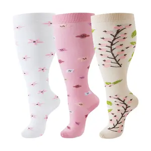 3 Pairs Wide Calf Floral Knee High Compression Socks for Women, Plus Size Support Socks Suitable for Daily Wear, Travel, Work and Outdoor Activities