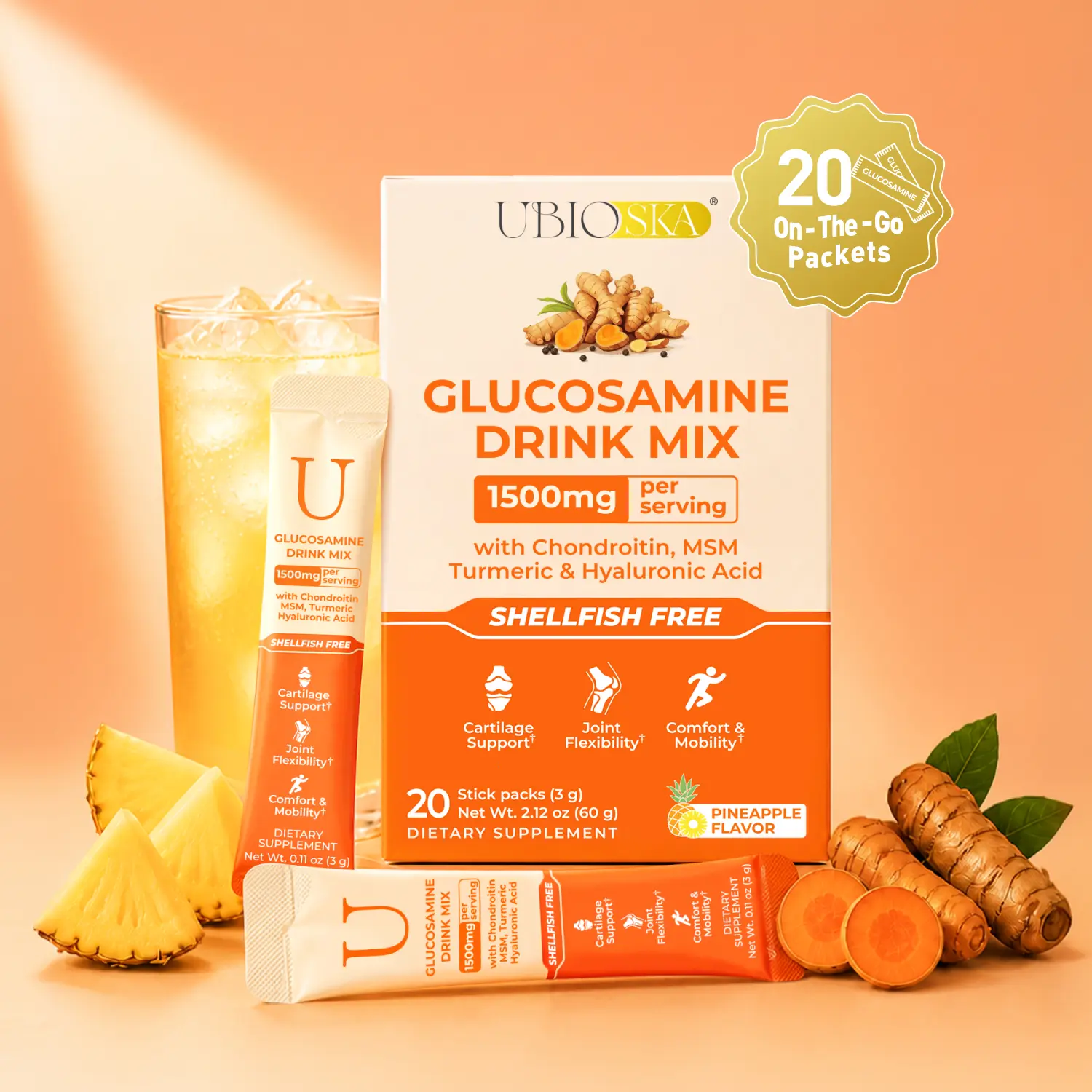 UBIOSKA Glucosamine Chondroitin MSM Drink Mix (20 Stick Packs) | 7-In-1 Formula with 1500mg Shellfish-Free Glucosamine with Turmeric, Hyaluronic Acid & BioPerine For Cartilage Support, Joint Flexibility, Comfort & Mobility |Pineapple Flavor, Zero Sugar