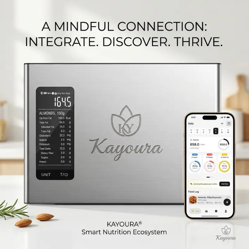 Kayoura Smart Food Kitchen Scale with Nutritional Calculator, AI Powered Digital Calorie Scale Macro Tracking, 22lb Capacity Stainless Steel Design, App Connectivity electronic dieting gram oz ml gram prep fitness diet scale precision