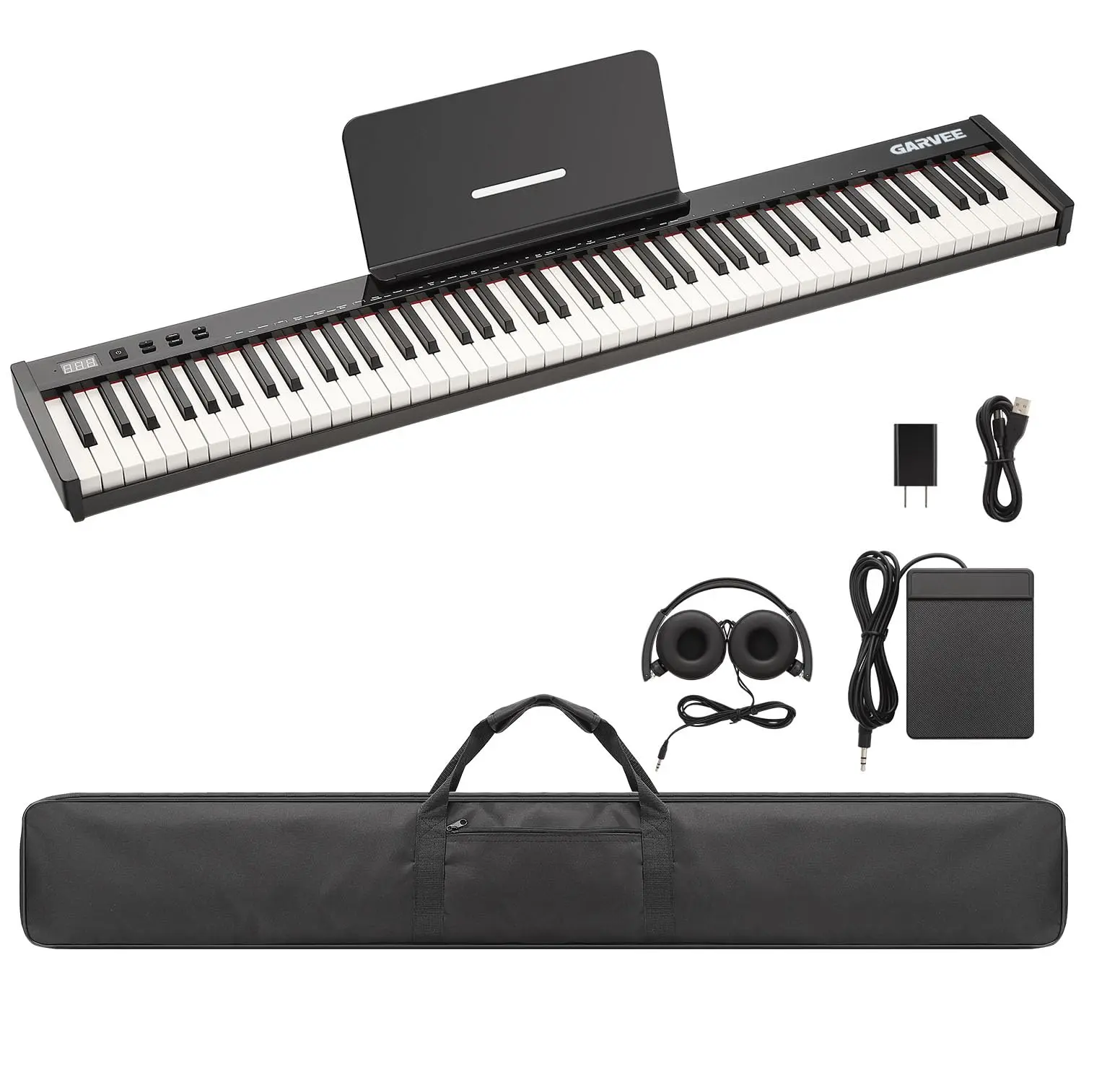 GARVEE 88 Key Weighted Folding Electric Piano Keyboard for Beginners with Portable Case, Sustain Pedal, Digital Piano Carry Bag, Note Stickers, Holder, and Headphone in Black and White