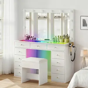 CollaredEagle Dressing Table with Power Socket, 11 Adjustable Lights, Mirror, 7 Drawers, 11 Compartments, Padded Stool for Bedroom, Walk-in Closet, White Vanity Desk Furniture