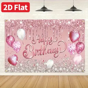 Rose Gold Glitter Birthday Backdrop, 100% Polyester Premium Soft-Texture Banner with Letter Print, Silvery Balloons, Happy Birthday Text, Fade-Resistant for Women's Celebrations, Photo Booths, Anniversary Decor