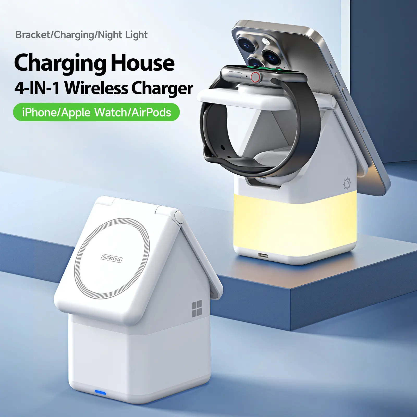 4 in 1 Magnetic Wireless Charger, Fast Charger with Night Light, Suitable for iPhone, iWatch, AirPods Headphone Charging Stations, Portable Charging Kit, Magnetic Phone Charger