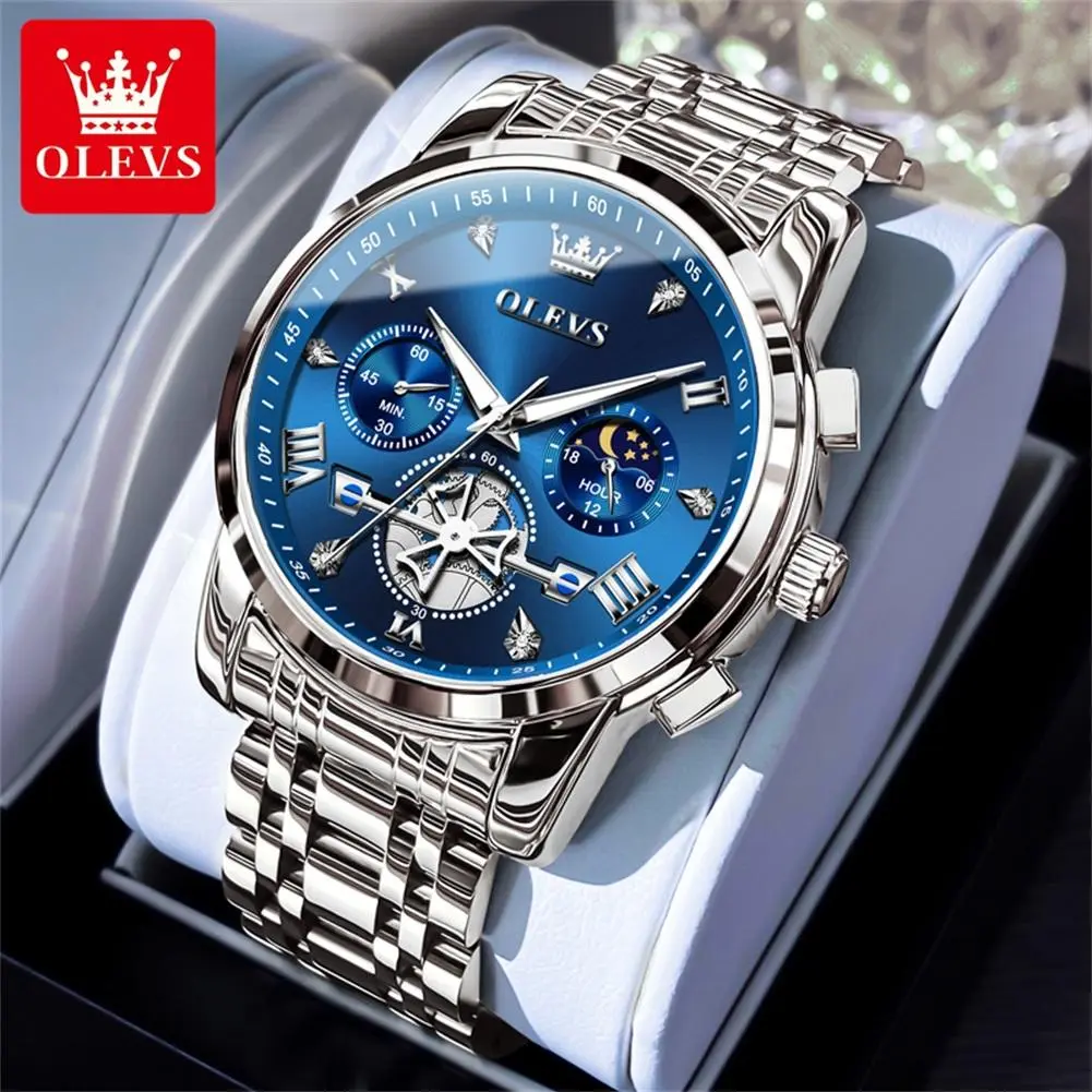 OLEVS Men's Casual Quartz Watch - 42mm Round Luminous Dial, 3ATM Waterproof Chronograph, Stainless Steel Band Quartz Wrist Watches for Men (Green/Blue/Black), Men's Watches