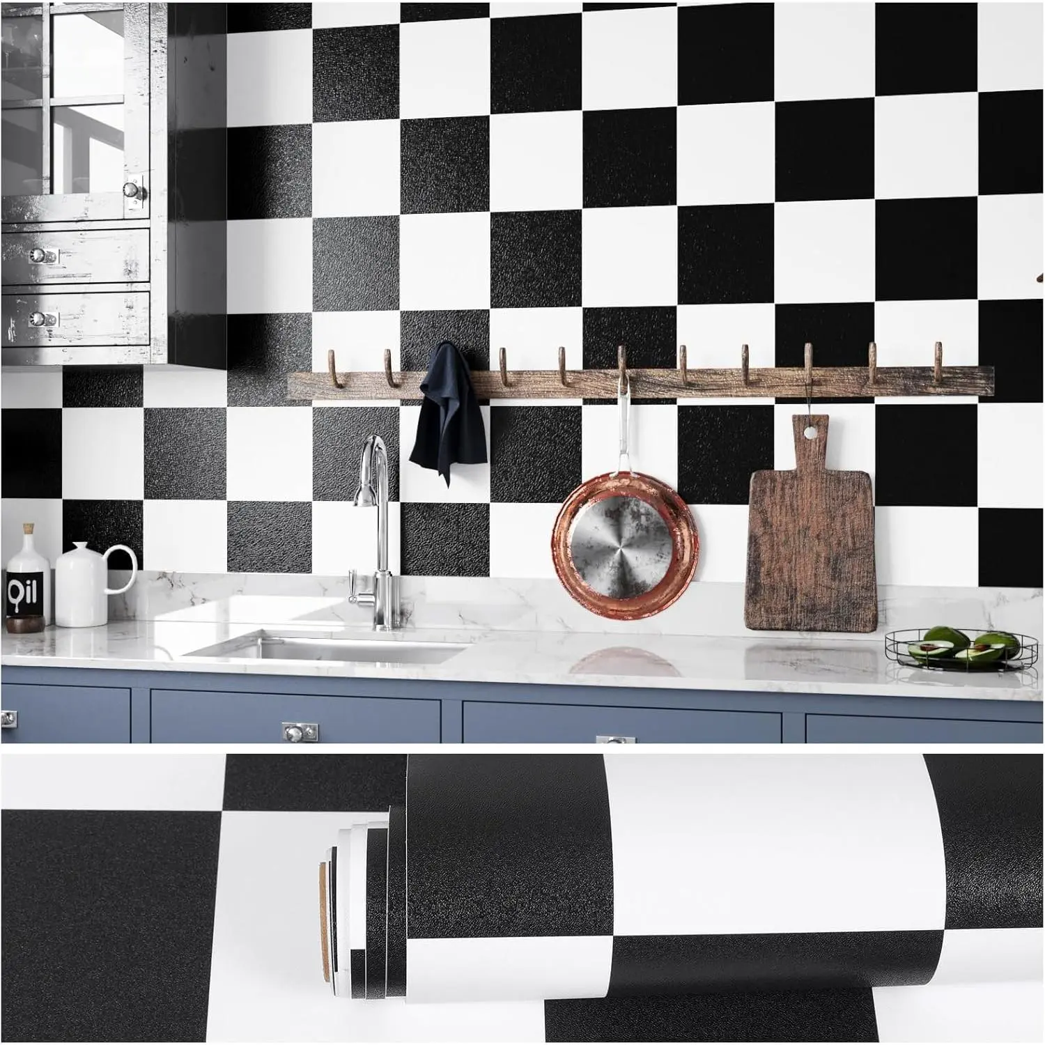 VEELIKE Large Checkered Self-Adhesive Wallpaper, 15.7 Inches Wide Black and White Contact Paper for Cabinets, Countertops, Shelves, Dollhouse, Dorm Rooms, Apartments, 15.7''x354'' Peel-and-Stick Decor for Bedroom, Kitchen, Checkerboard
