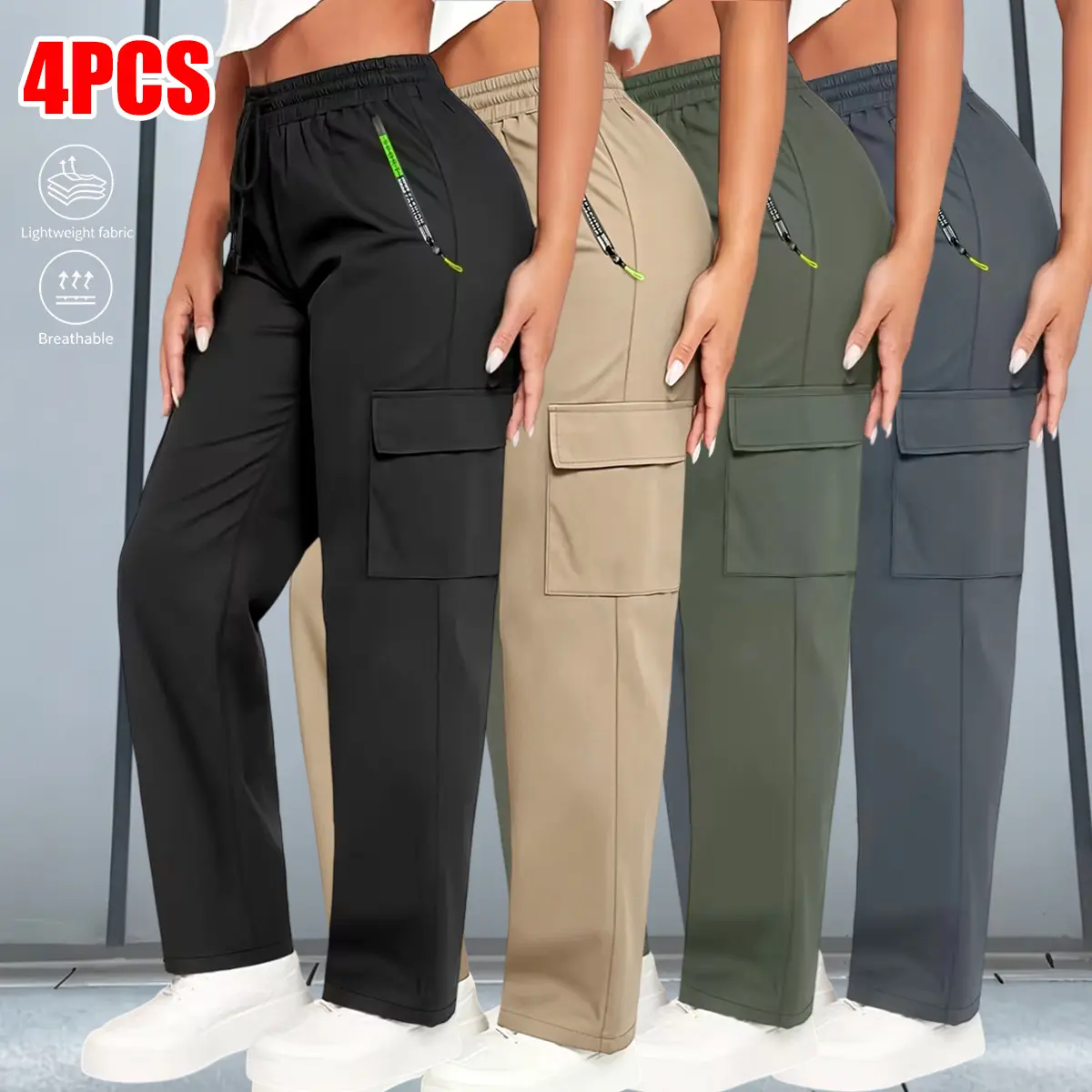 Women's 4-Pack Fashionable Long Cut Jogger Pants - All Seasons, Lightweight, Breathable, Elastic Waistband, Adjustable Drawstring - Suitable for Everyday Outings, Outdoor Activities, Hiking, Elastic Bands