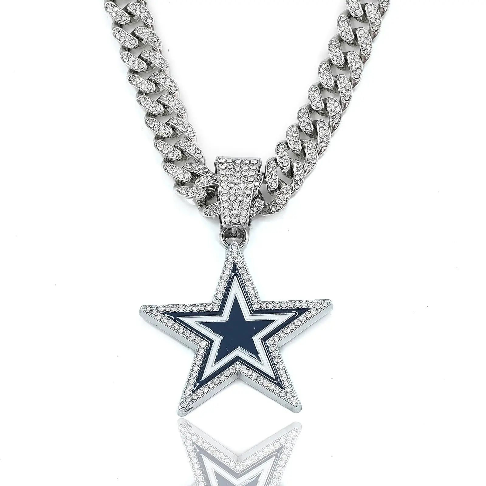 Iced Out Blue-White Star Pendant Necklace for Men, 20in Rhinestone Cuban Link Chain, Silver-Tone Embellished Diamond-Inspired Rhinestone Crystal Silver Sparkling Cuban Necklace, Hip Hop Rapper Jewelry Gift for Men, Embellished Chain Necklaces, Cuban Neckl