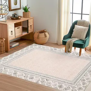 GARVEE 5x7 Area Rug, Modern Bordered Accent Rug for Bedroom, Washable Living Room Rug, Ultra-Thin Soft Front Door Mat, Non Slip Low Pile Home Decor Carpet, Non Shedding Kitchen Rug, Beige/Camel