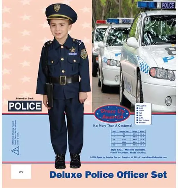 Dress Up America Men's Deluxe Police Officer Uniform Set - Embroidered Polyester Menswear Costume with Hat, Pockets, Shirt, Belt, Flag, Gun Holster, Buttons, Matching Outfits & Clothes, Size XL (16-18), Elastic Stripes, Realistic, Cosplay Accessories, Emb