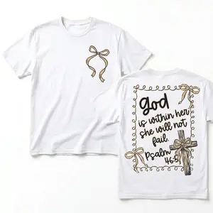Women's Short-Sleeve Bible Verse Top - 2-Sided Psalm 46:5 "God is Within Her She Will Not Fail" Camo Coquette Bow Essential Everyday Simple Comfortable T-Shirt Gift
