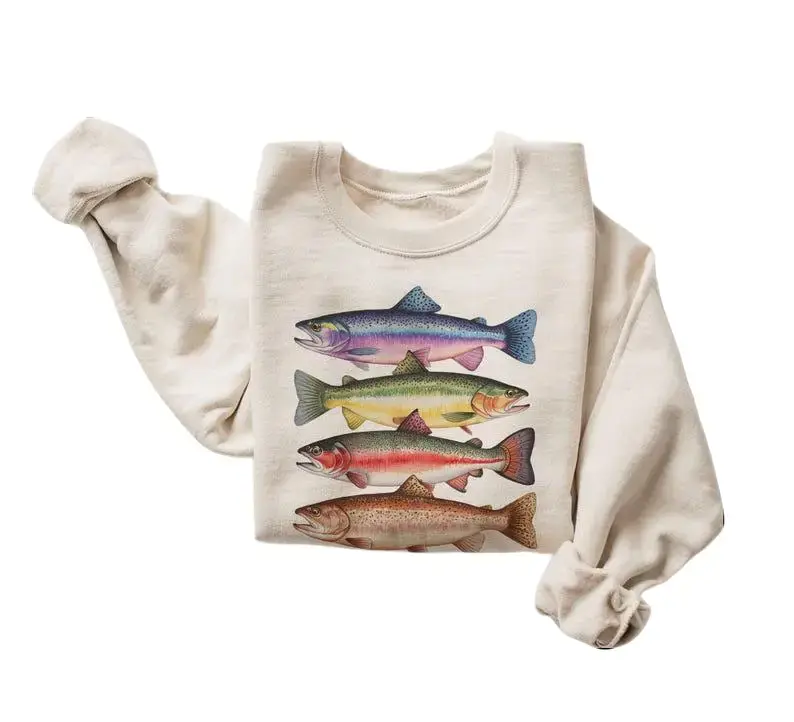 Women's Unisex Boho Abstract Colorful Trout Crewneck Sweatshirt - River Fish Outfit, Fly Fishing Gift
