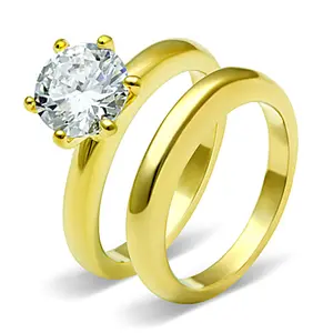 Lanyjewelry 7x7mm Circle Cubiczirconia Single-Stone Solitaire Engagement Ring Set, Gold IP Hypoallergenic Stainless Steel