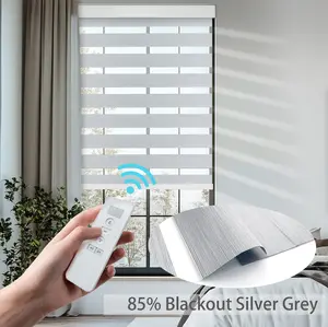 Motorized Zebra Blinds 20"-56" width, Remote controlled Roller Shutters for Windows,85% Blackout Fabric, Cordless Auto Horizontal Dual Layer Day and night Curtains for Bedroom, Living Room, Kicthen, Kids Room. White, Grey, Beige Color Roller Shutters