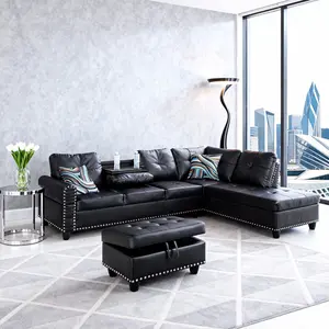 Modern Black Grey Linen 3-Piece Sofa Set with Reversible Cushions & Chaise for Contemporary Living Room Apartment Elegance