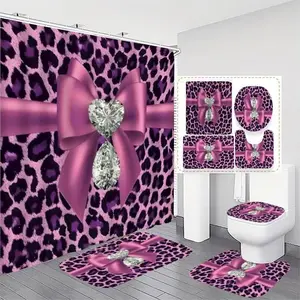 Valentine's Day Bow Leopard Diamond Bathroom Decor Set, 4-Piece Includes Shower Curtain, U-Shaped Mat, Rectangle Pad, Toilet Lid Cover
