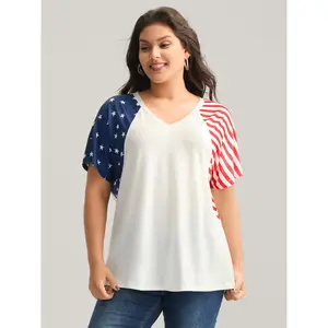Women's Plus Size Spandex Fabric Short-Sleeve V-Neck Top - American Flag Print, Flattering Fit, Smoke Garment, 2026 Summer Casual Lady Streetwear, Sizes M-6X, Swimweek Tops, Limited Deals