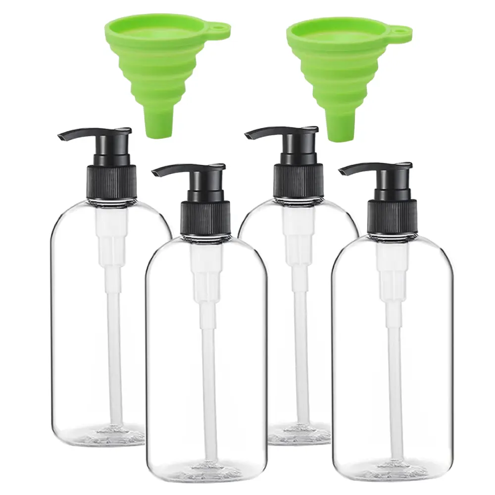 4PCS 16oz/500ml Plastic Pump Bottles Dispenser and 2Pack Funnel Portable Clear Cylinder Shampoo Lotion Hand Pump Bottle Durable Refillable Containers