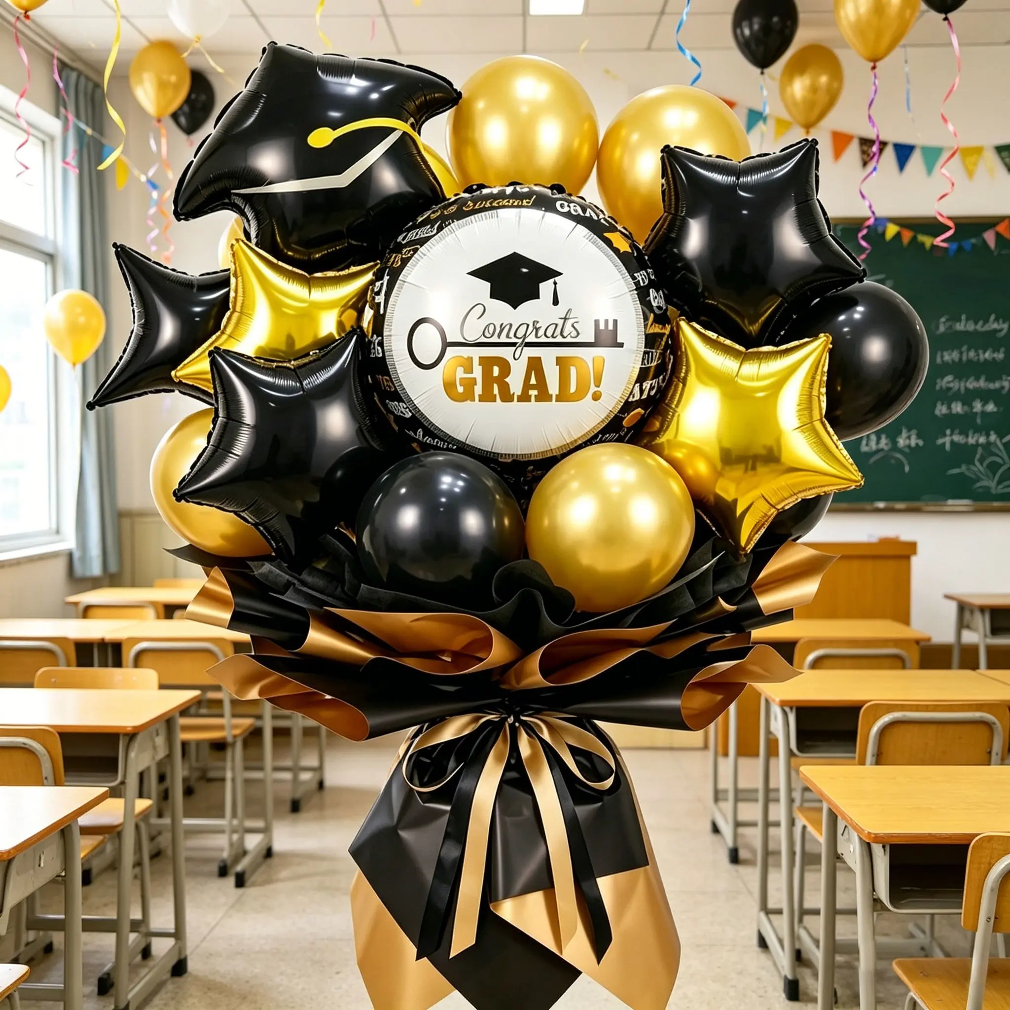 16-Piece Gold Graduation Balloon Bouquet, Congrats Grad Photo Props & Decoration Set, Graduation Decorations, Balloon Decorations Kit, Includes Hat/Star/Heart/Printed Foil Balloons, Ideal Party Supplies