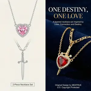 MEIITRUE 14K Gold Plated Heart Pendant Necklaces for Women Men, Zirconia Dagger Cross Pendant Necklace, Elegant Jewelry Gift for Couples