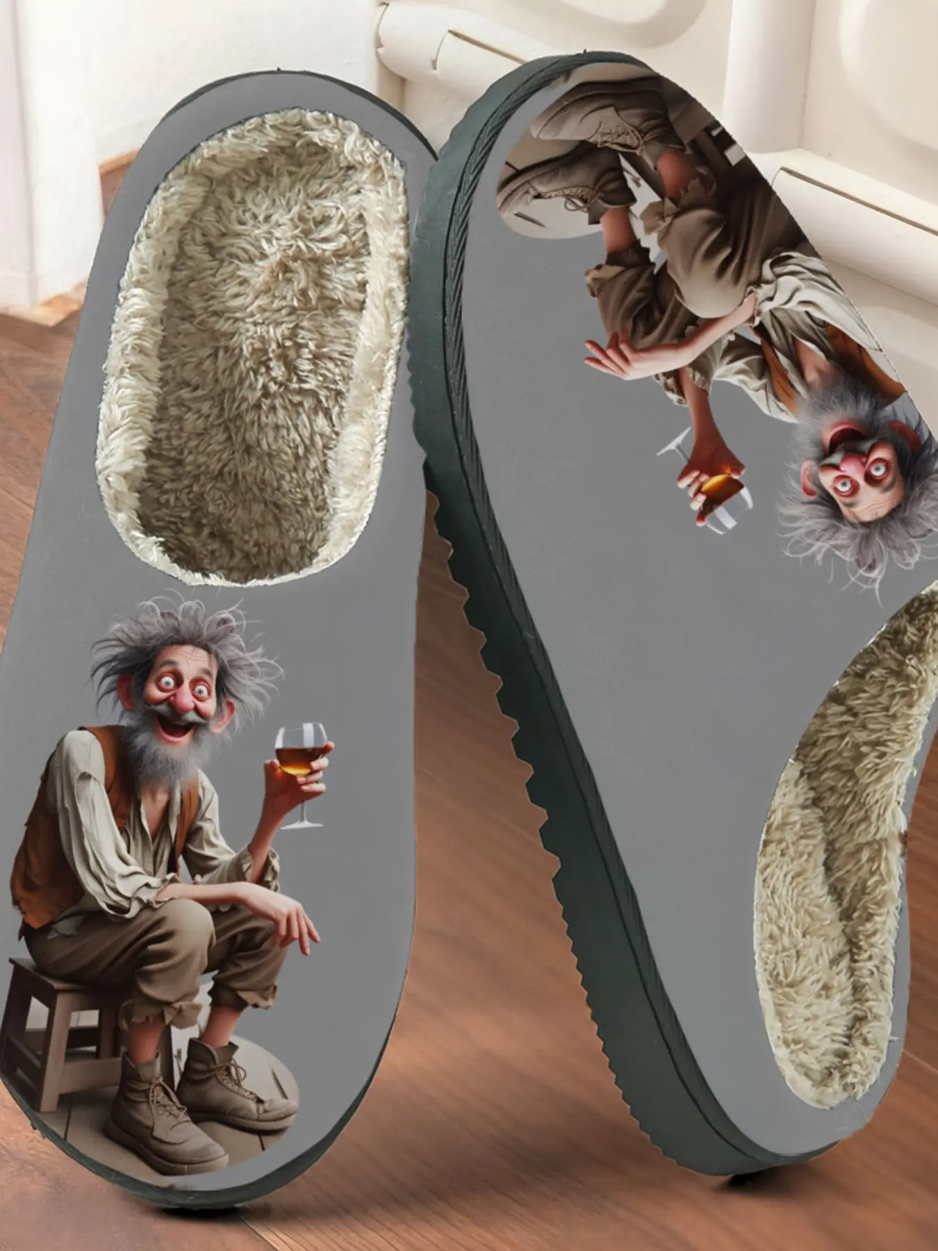 Funny Elderly Print Cotton Slippers Indoor, Fun Absurd Style, Fuzzy Lined Anti-Slip Thick Sole, Home Warm Shoes for Men & Women Fall Winter
