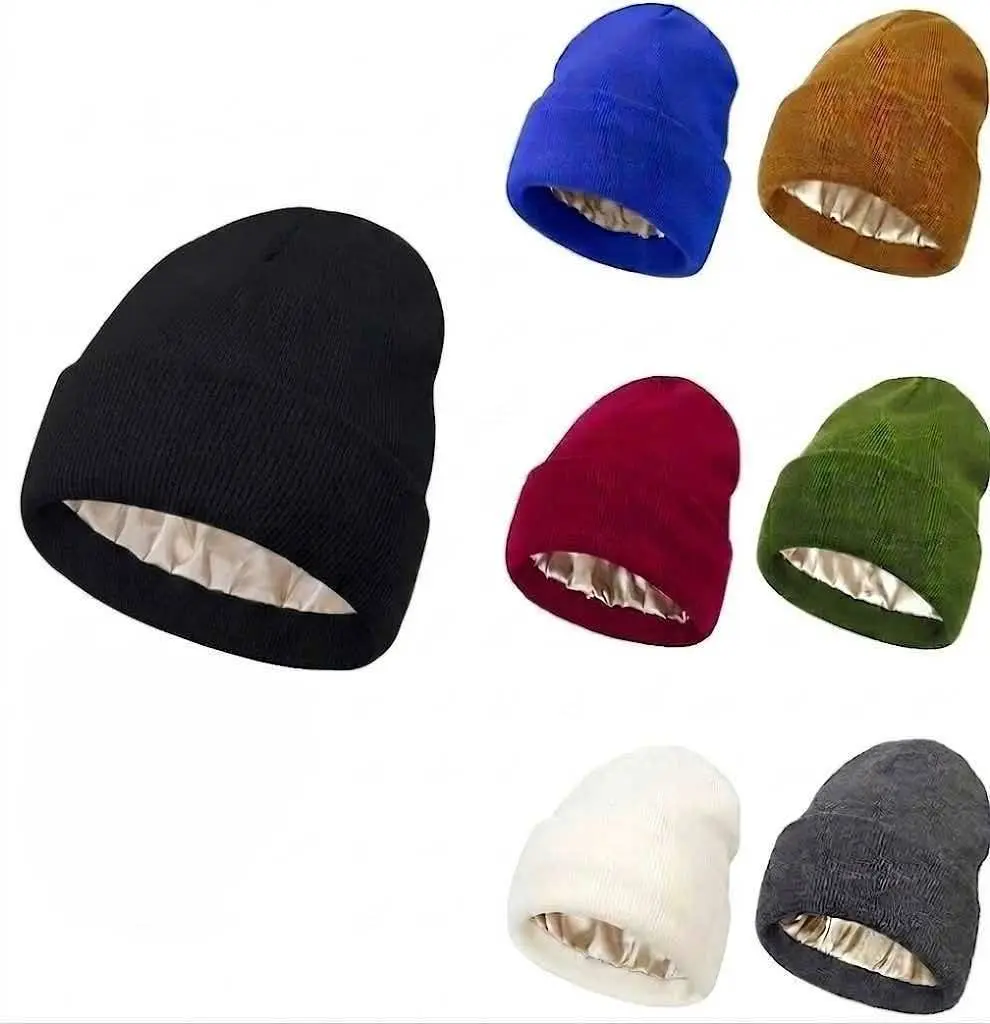 Satin Lined Beanie Hat for Adults, Soft Warm Winter Knit Cap with Smooth Silk-Like Lining, Helps Reduce Frizz, Cozy Outdoor Cold Weather Hat