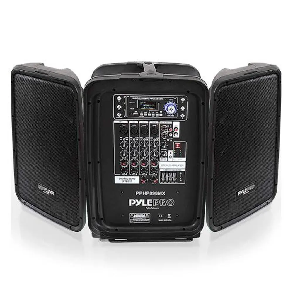 600W 8-Ch Bluetooth Stereo PA Speaker Kit with Dual 8" Subwoofers, LCD, Remote, Audio Amplifier, USB Port, USB/MP3 Reader, Memory Support, Devices Compatibility (PC, Laptop, Console), Wireless Connection & Included Cables