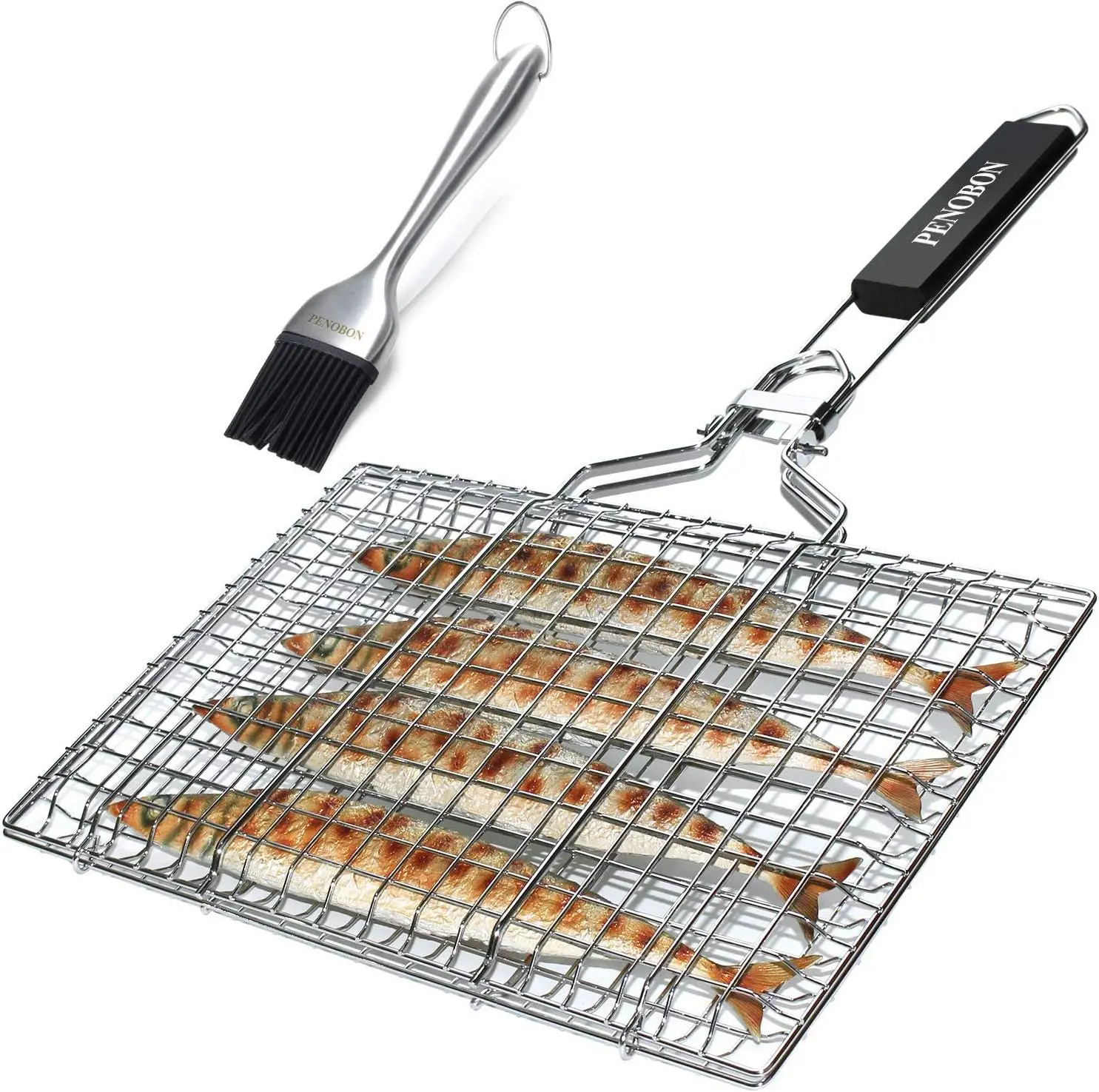 Stainless Steel Folding Portable Fish Grilling Basket with Removable Handle, Barbecue Brush and Storage Bag for Fish, Vegetables