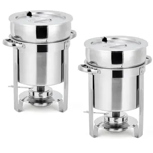 11QT Soup Chafer Set of 2, Stainless Steel Round Soup Warmer with Pot, Notched Lids & Fuel Holders, Commercial Food Warmer for Buffets, Events