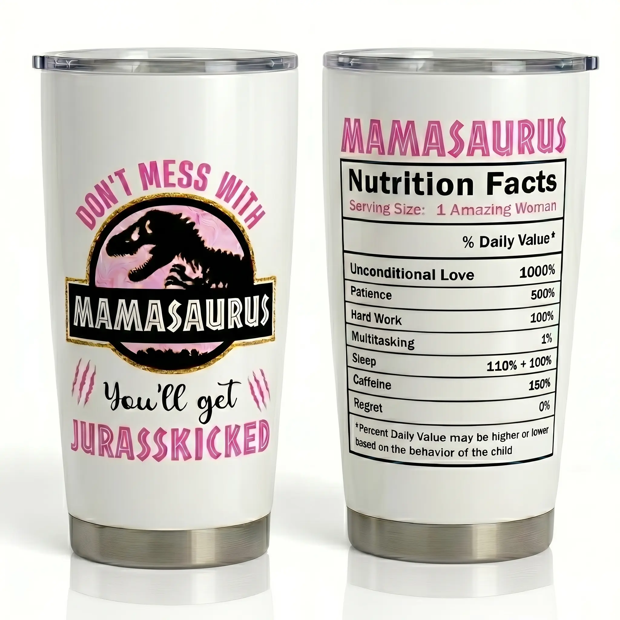 Mamasaurus 20oz Double-Walled Stainless Steel Vacuum Flask Tumbler - Insulated, Condensation-Proof, Portable Beverage Travel Mug with Lid, Watercolour Stripes, Sarcastic Animal Dinosaur Nutrition Facts, Ideal Mom's Mother's Day Gift (Novelty Drink Bottle)
