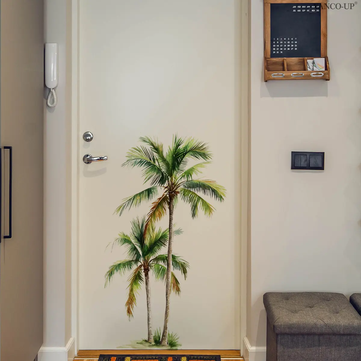 A (30*60cm) tropical coconut tree watercolor style decorative wall sticker, Decorative Stickers, Wall Decals for living room, entrance, corridor home decoration with a vacation vibe, Door Decorations. It's a self-adhesive sticker, model M21346-YC.