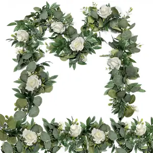 2 Pack 78 inch Eucalyptus and Rose Garland, Total 13Ft Faux Floral Garland Plastic Flower Vine for Home Decor Wedding Table Decoration for Various Room Types, Plastic Floral Vine, Ideal for Party Tables Indoor Wall Backdrops, Artificial Eucalyptus Garland