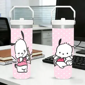 Cute P-P-Pochacco Vacuum Flasks 30oz Flip Straw White Leak Resistant Tumbler with Handle | Leakproof Twist-On Lid Water Bottle | Double Wall Vacuum Insulated Stainless Steel Cup | BPA-Free Reusable Travel Mug for Gym, Work & Daily Use
