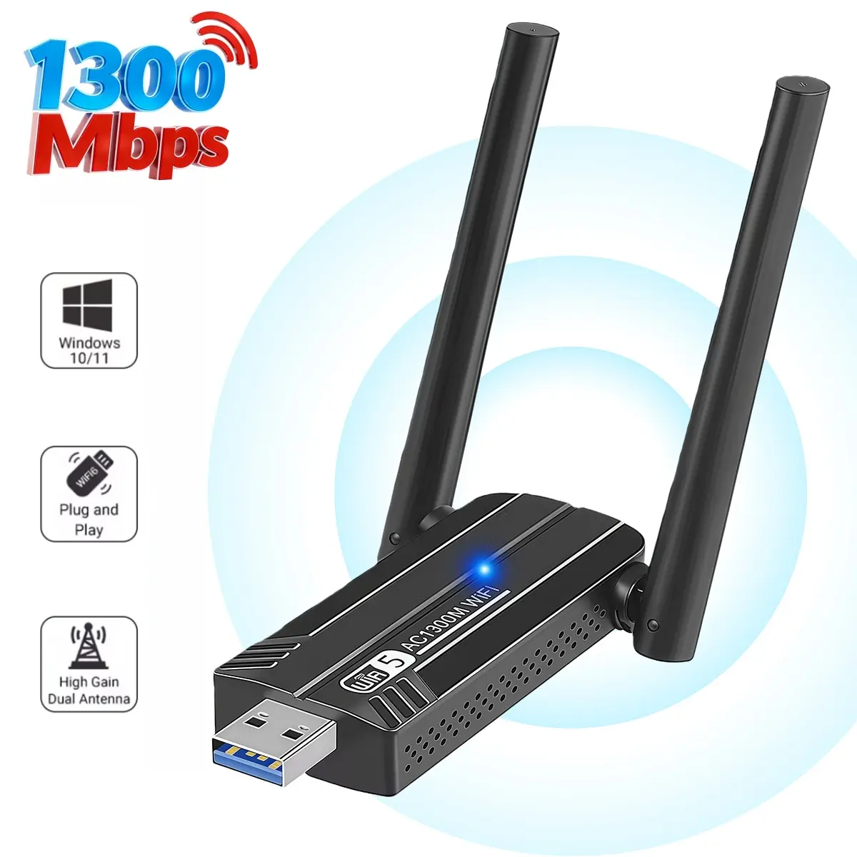 1300Mbps Extreme Speed, Dual-Band 2.4G & 5G, Plug & Play Small Size ， Lag-Free for  PC ， Long Range WiFi Extender for pc,Connect your computer to Wi-Fi, High Gain Dual Antenna, Wifi Signal Booster