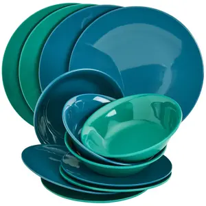 12-Piece Green and Blue Melamine Dinnerware Set, Plates and Bowls for Indoor/Outdoor Use, Service for 4, Tropical Design Colorful Cutlery