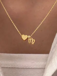 Heart Zodiac Bead Pendant Necklace for Women, Simple Fashion Stainless Steel Chain, Elegant Ladies Jewelry Accessory, Heart Shaped Necklace, Non Tarnish Necklace