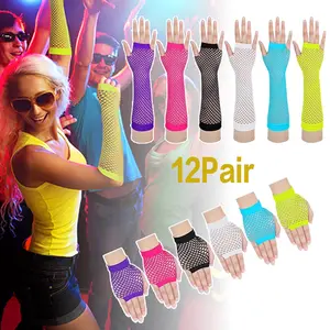 80s 90s Fishnet Mesh Glove 12Pairs for Women Neon Fingerless Long Short Gloves for Halloween Party Cosplay Costume