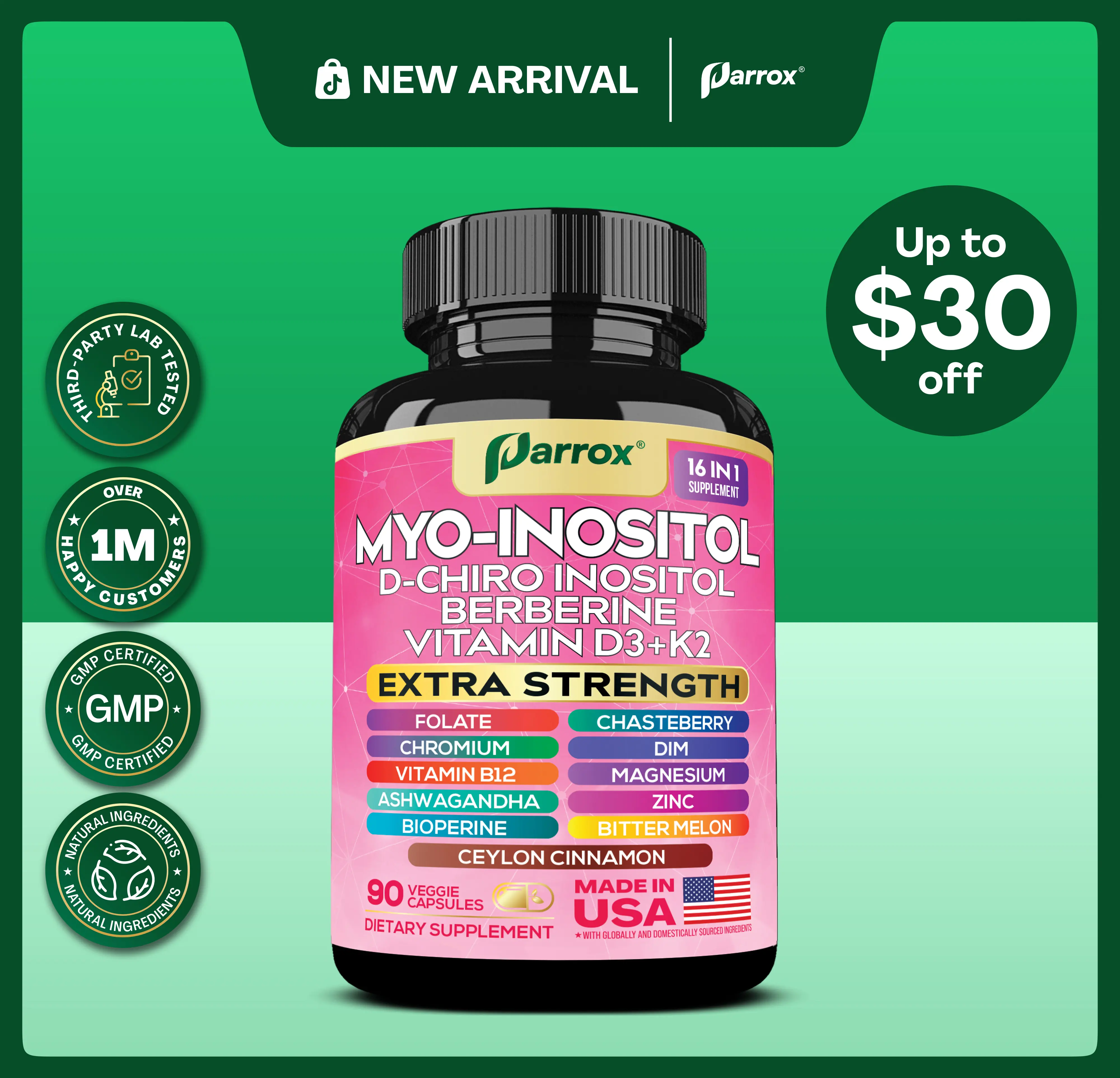 Parrox Myo-Inositol Supplement - Women's Hormones & Cycle Support - with D-Chiro Inositol & 13+ Extra Strength Ingredients - 90 Vegan Capsules - MADE IN USA Healthcare Vitamin