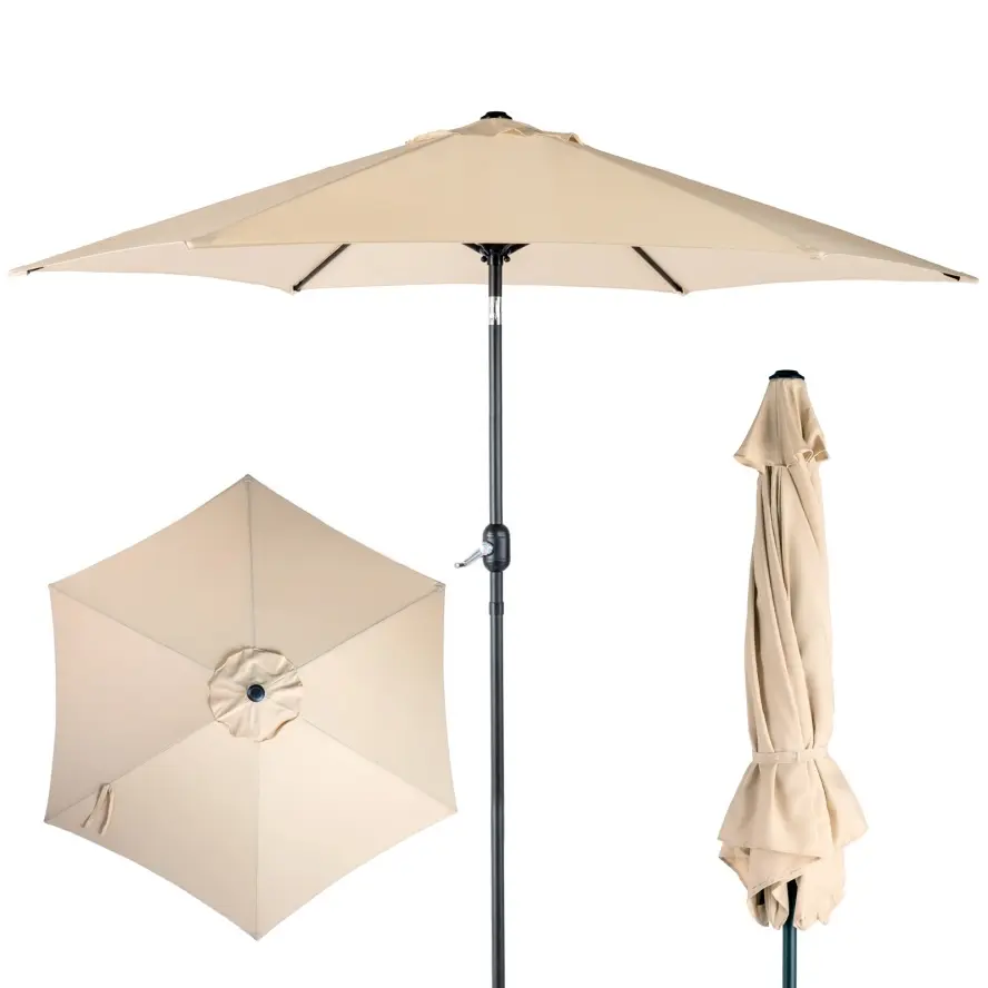 9ft Large Round Outdoor Patio Umbrella, Beige Market Umbrella with UPF 50+ Sun Protection, Sturdy Waterproof Polyester Canopy, Solid Tilt Function and Crank Handle for Garden, Poolside