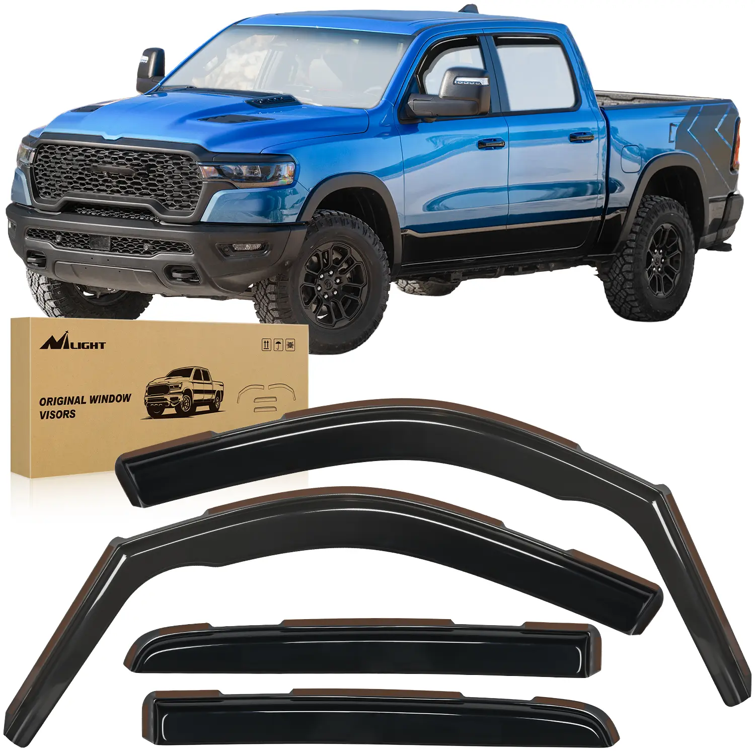 Nilight 4PCS In-Channel Rain Guards, Waterproof Vent Window Deflectors with Black Red Anti-Glare Visor for Dodge RAM 1500 2019-2024 Crew Cab Truck, Exterior Auto Accessories
