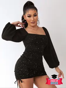 Women's Glitter Sequin Ruched Drawstring Bodycon Dress, Elegant Lantern Sleeve Square Neck Mini Dress for Party Club Dating Wear, Ladies Spring & Fall Clothes, Womenswear