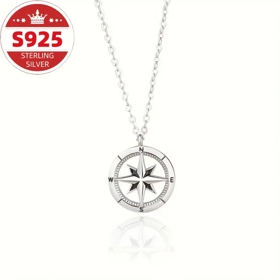 Women's S925 Sterling Silver Minimalist Geometric Compass Pendant Necklace with 8-Pointed Star, Elegant Fashion Jewelry Gift for Friends, Christmas Present