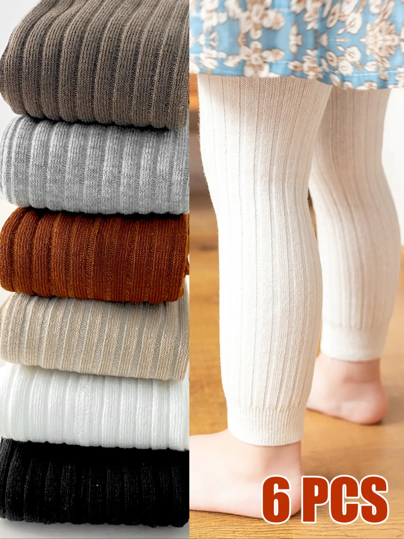 Solid Color Casual Knitted Leggings, Dancewear Fit Footed Pants, All-Season Wear with Ribbed Details, Ease of Movement, 6 Piece Set