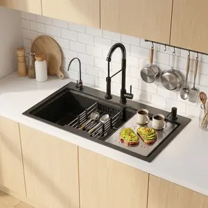 30 Inch Top Mount Drop In Kitchen Sink, Black Stainless Steel Workstation Single Bowl Kitchen Sink with Accessories, 29.5x17.7 Inch