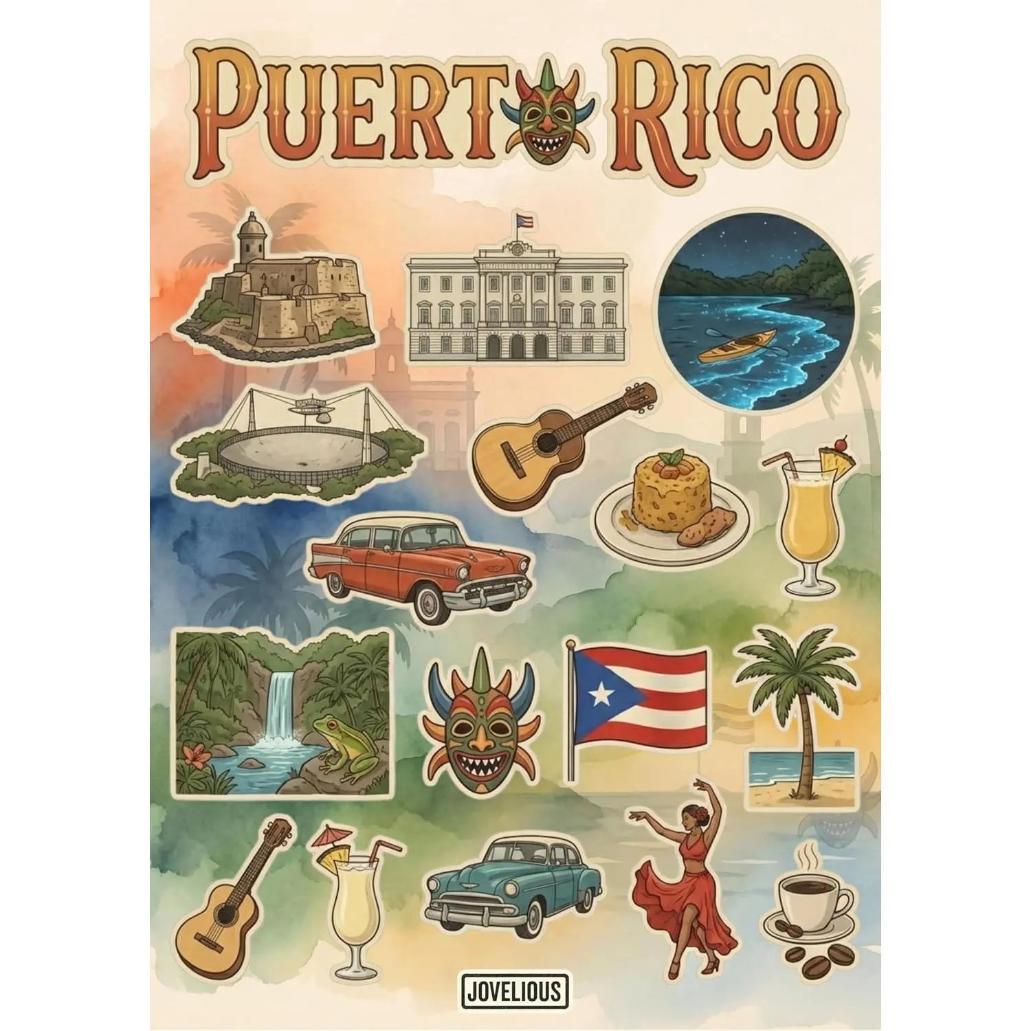 Puerto Rico Sticker Sheet, A5 Matte Vinyl Kiss Cut Stickers, Designed in Brooklyn, Caribbean Travel