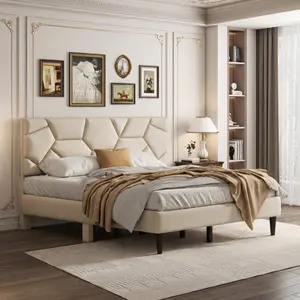 Full Size Bed Frame with Linen Storage Headboard and Under Bed Storage, 7.2" Clearance, No Box Spring Needed, Noise-Free Beige