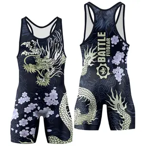 BattleFitGear Cherry Blossom Dragon Wrestling Singlet – Men's Compression Fightwear for BJJ, MMA, Grappling & Gym Warriors