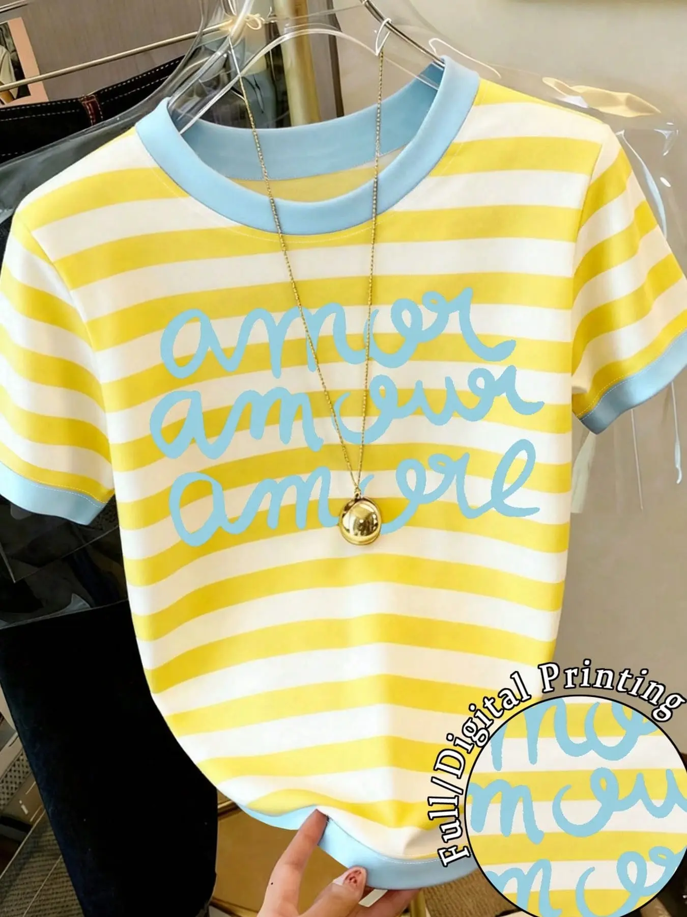 Trendy Amour Graphic Striped Short Sleeve T-Shirt for Women Lady 2026 Summer Aesthetic Yellow and Blue Top for Girls Chic Casual Everyday Fashion Slim Fit Tee