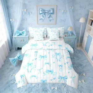 Feelyou Ultra-Soft 7-Piece Blue Ribbon Bowknot Comforter Bed Set - Multi-Size Princess Coquette Bedding with Striped Sheets, Love Heart Accents for Girls, Seven Pieces