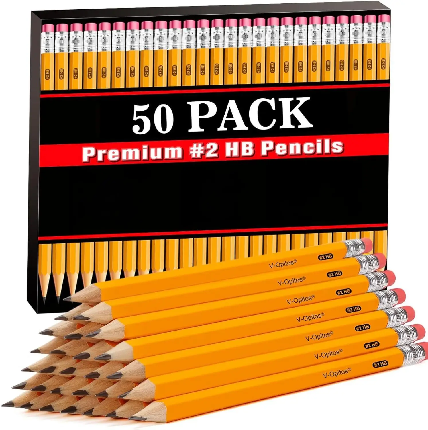 Hexagon Shape Wood-Cased #2 HB Bulk Yellow Pencils, 50-Pack Pre-Sharpened with Top Erasers, Office Accessories for School Writing & Drawing