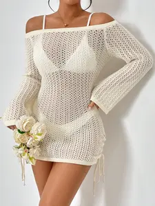 Sexy One Shoulder Slim Fit Knitted Bodycon Dress, Vacation Style Hollow Out Side Drawstring Design, Plain Pattern Beach Swimsuit Cover Up